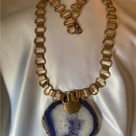1990’s Amethyst Geode with Detailed Etching in 18k Gold Filled Necklace.